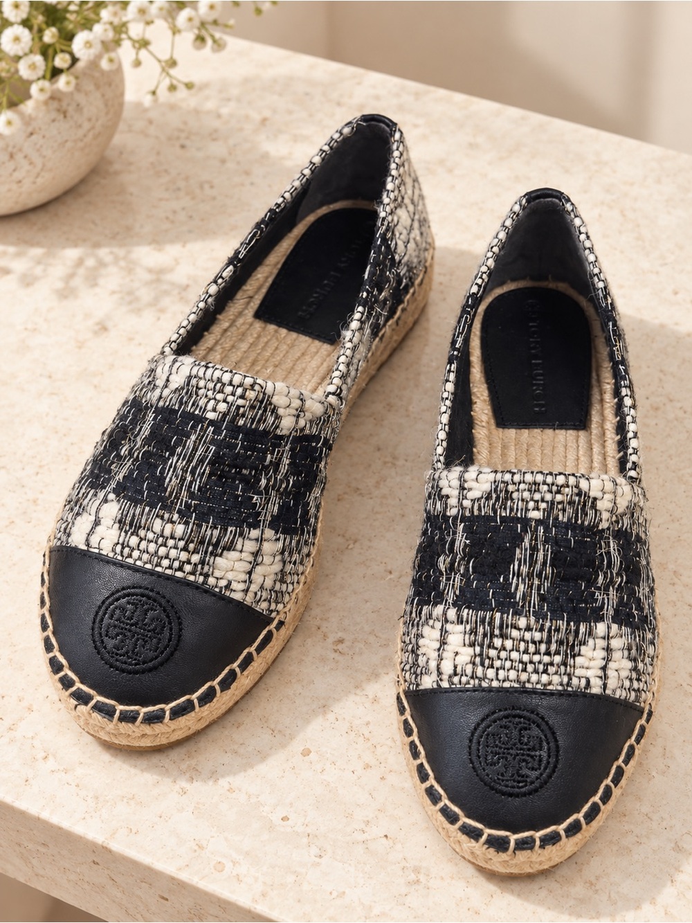 Authentic Tory Burch Tweed Color-Block Flat Espadrilles Black & Cream EUC Size 7